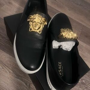 Versace Black Loafers with Gold Medusa Accent